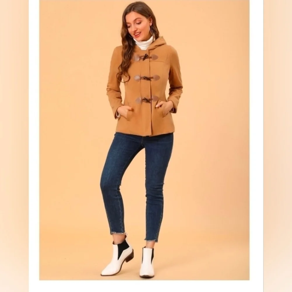 Allegra K Women's Casual Winter Outwear Hooded Button Peacoat Toggle Duffle Coat